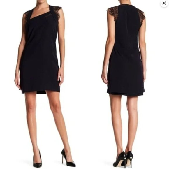 The Kooples Crepe Black Lace Short Cap Sleeve Square Neck Mini Dress Small 4 - Picture 1 of 11